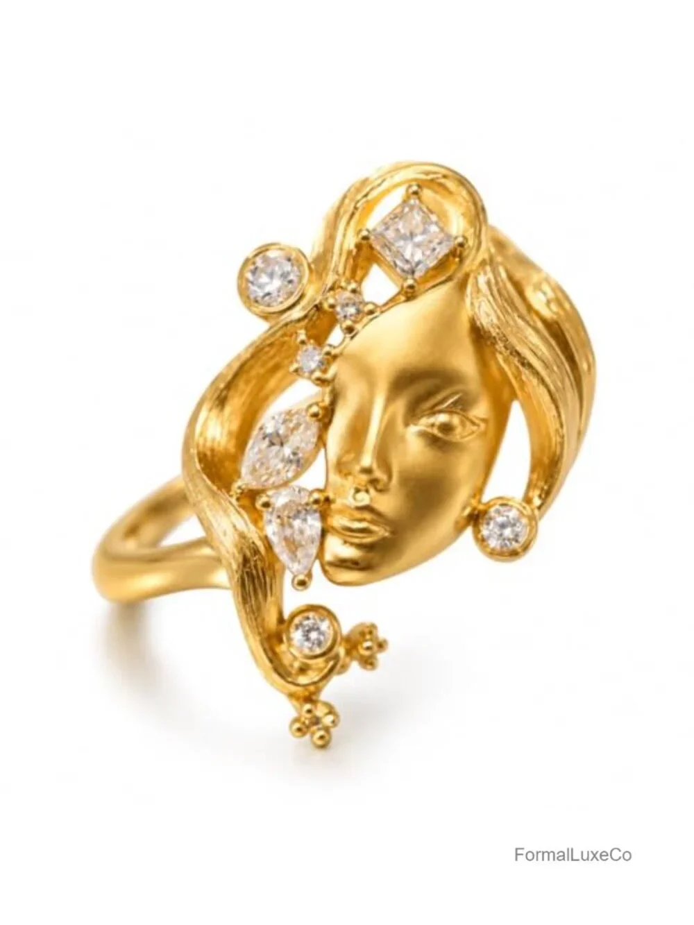 Vintage Goddess Face Statement Ring, Gold Portrait Rhinestone Adjustable Ring,